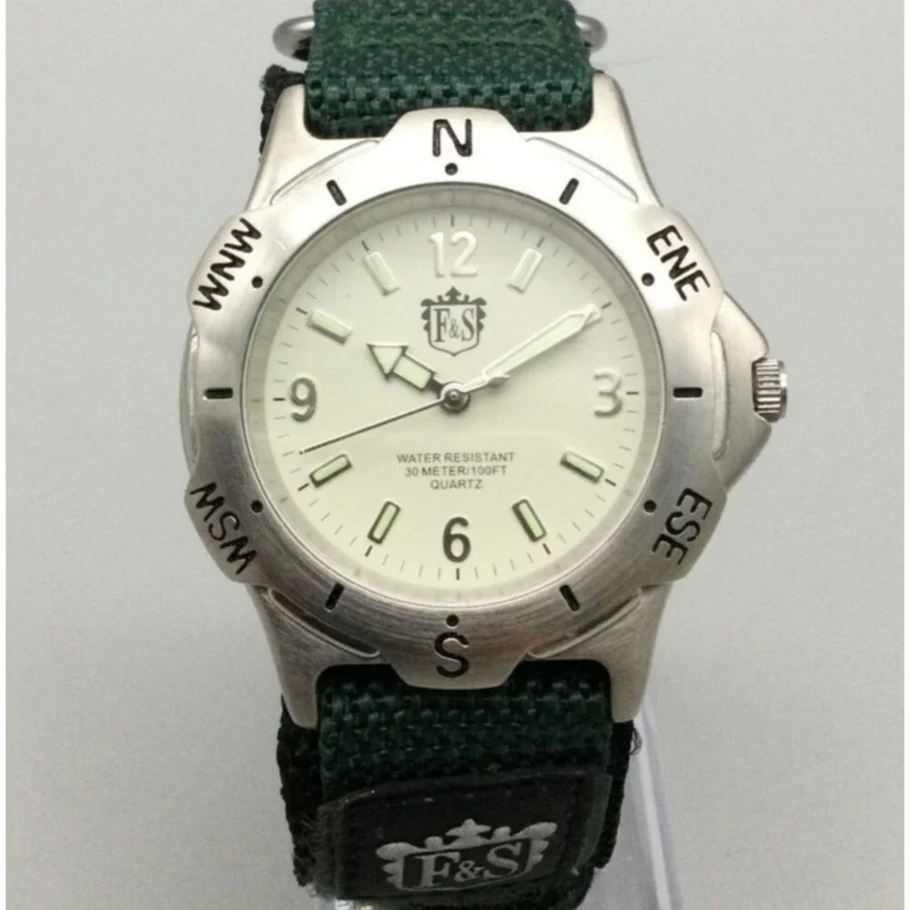 Field & Stream Watch Men 41mm Silver Tone Green Band New Battery